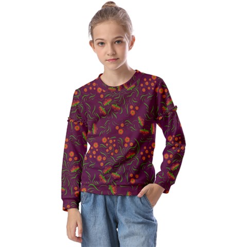 Folk Floral Art Pattern  Flowers Abstract Surface Design  Seamless Pattern Kids  Long Sleeve Tee With Frill  by Eskimos