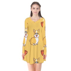 Corgi And Coffee Long Sleeve V-neck Flare Dress