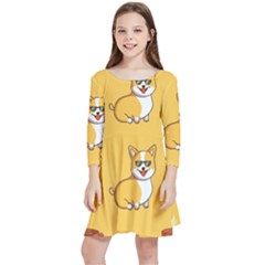 Corgi And Coffee Kids  Quarter Sleeve Skater Dress