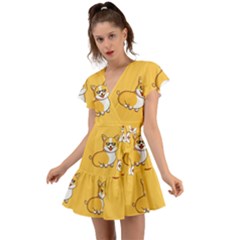 Corgi And Coffee Flutter Sleeve Wrap Dress by Bigfootshirtshop