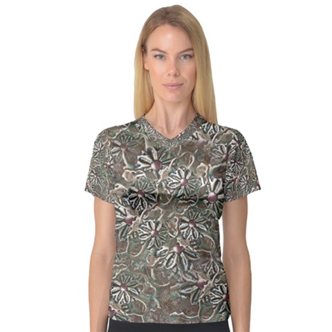 Modern Floral Collage Pattern Design V-neck Sport Mesh Tee by dflcprintsclothing