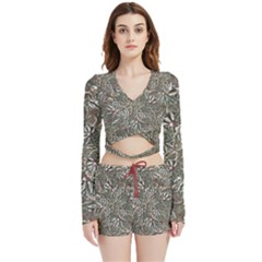 Modern Floral Collage Pattern Design Velvet Wrap Crop Top And Shorts Set by dflcprintsclothing