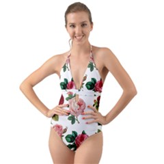 Rose Flower Halter Cut-out One Piece Swimsuit by Wanni