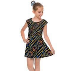 Electric Neon Lines Pattern Design Kids  Cap Sleeve Dress by dflcprintsclothing