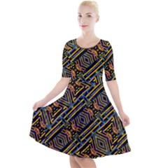 Electric Neon Lines Pattern Design Quarter Sleeve A-line Dress by dflcprintsclothing