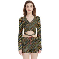 Electric Neon Lines Pattern Design Velvet Wrap Crop Top And Shorts Set by dflcprintsclothing