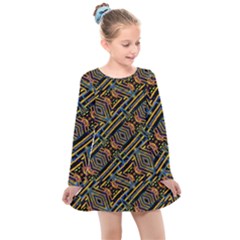 Electric Neon Lines Pattern Design Kids  Long Sleeve Dress by dflcprintsclothing