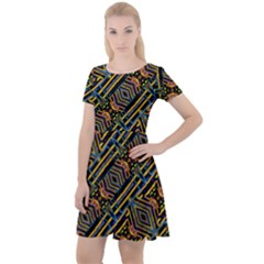 Electric Neon Lines Pattern Design Cap Sleeve Velour Dress 