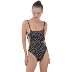 Electric Neon Lines Pattern Design Tie Strap One Piece Swimsuit by dflcprintsclothing