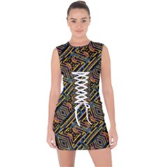 Electric Neon Lines Pattern Design Lace Up Front Bodycon Dress by dflcprintsclothing