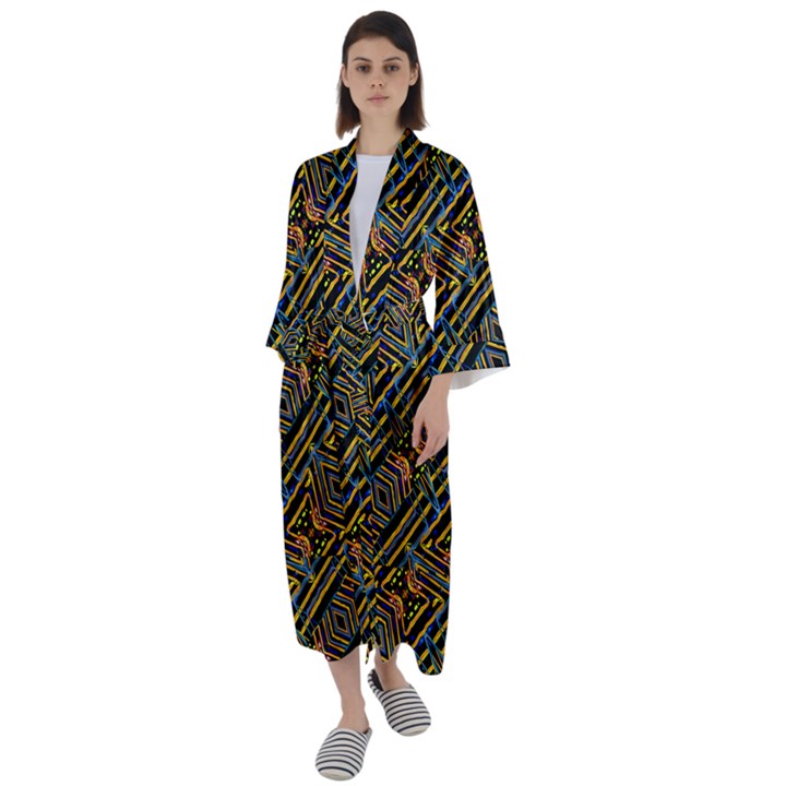 Electric Neon Lines Pattern Design Maxi Satin Kimono