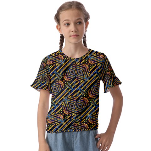 Electric Neon Lines Pattern Design Kids  Cuff Sleeve Scrunch Bottom Tee by dflcprintsclothing