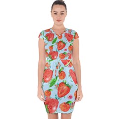 Juicy Blue Print With Watermelons, Strawberries And Peaches Capsleeve Drawstring Dress  by TanitaSiberia