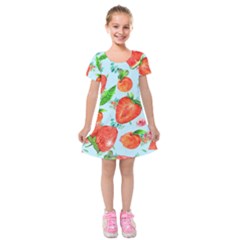 Juicy Blue Print With Watermelons, Strawberries And Peaches Kids  Short Sleeve Velvet Dress by TanitaSiberia