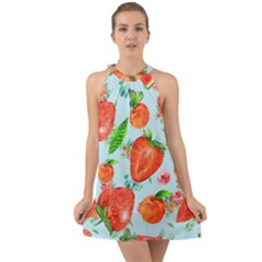 Juicy Blue Print With Watermelons, Strawberries And Peaches Halter Tie Back Chiffon Dress