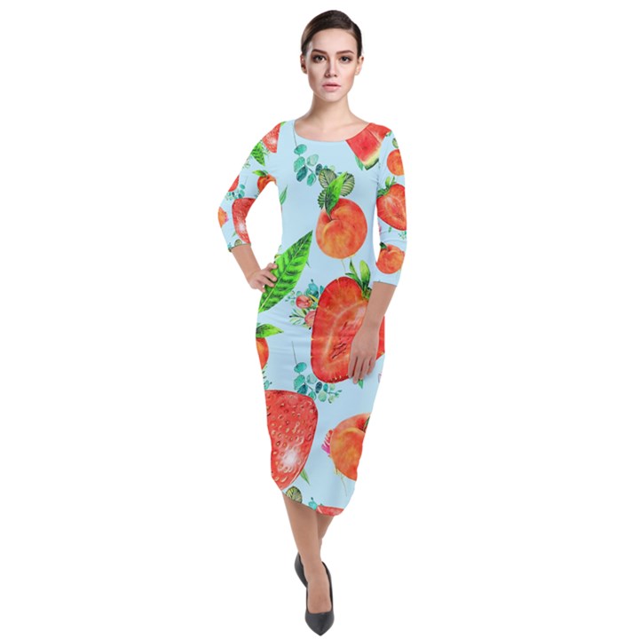 Juicy blue print with watermelons, strawberries and peaches Quarter Sleeve Midi Velour Bodycon Dress