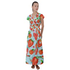 Juicy Blue Print With Watermelons, Strawberries And Peaches Flutter Sleeve Maxi Dress