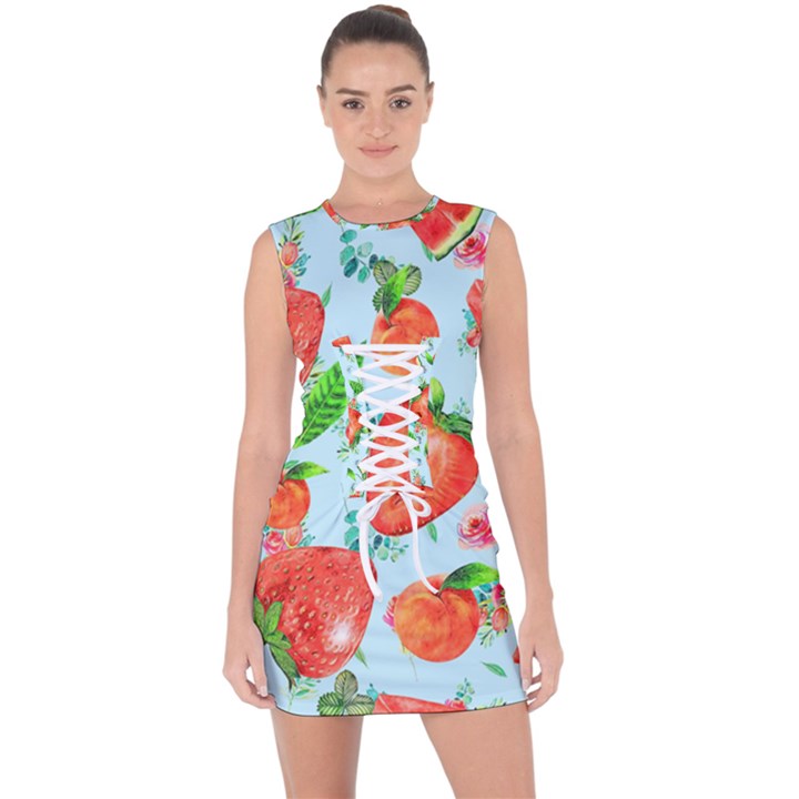 Juicy blue print with watermelons, strawberries and peaches Lace Up Front Bodycon Dress