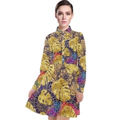 Golden Palm Leaves On The Background Of The Mandala Long Sleeve Chiffon Shirt Dress