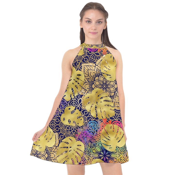 Golden palm leaves on the background of the mandala Halter Neckline Chiffon Dress 