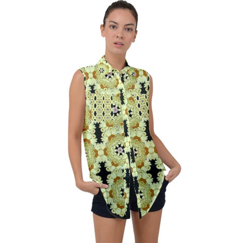 Summer Sun Flower Power Over The Florals In Peace Pattern Sleeveless Chiffon Button Shirt by pepitasart