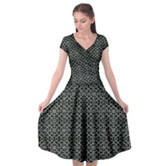 Iron Ornament Grid Pattern Cap Sleeve Wrap Front Dress