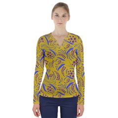 Folk Flowers Art Pattern Floral Abstract Surface Design  Seamless Pattern V-neck Long Sleeve Top by Eskimos