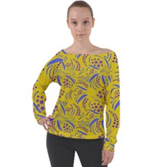 Folk Flowers Art Pattern Floral Abstract Surface Design  Seamless Pattern Off Shoulder Long Sleeve Velour Top by Eskimos