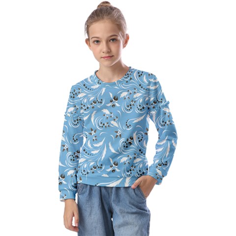 Folk Flowers Art Pattern Floral Abstract Surface Design  Seamless Pattern Kids  Long Sleeve Tee With Frill  by Eskimos