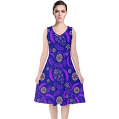 Folk Flowers Art Pattern Floral Abstract Surface Design  Seamless Pattern V-neck Midi Sleeveless Dress  by Eskimos