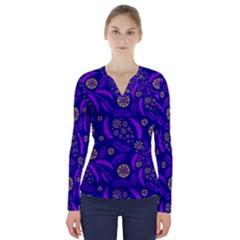 Folk Flowers Art Pattern Floral Abstract Surface Design  Seamless Pattern V-neck Long Sleeve Top by Eskimos