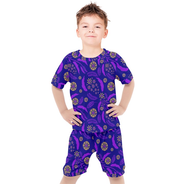 Folk flowers art pattern Floral abstract surface design  Seamless pattern Kids  Tee and Shorts Set