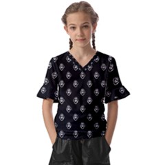 Funny Ghost Sketchy Drawing Pattern Kids  V-neck Horn Sleeve Blouse