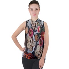 Cookies & Tea Tray  Mock Neck Chiffon Sleeveless Top by Incredible