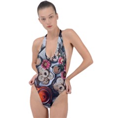 Cookies & Tea Tray  Backless Halter One Piece Swimsuit