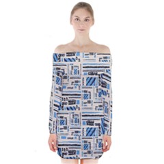 Ethnic Geometric Abstract Textured Art Long Sleeve Off Shoulder Dress by dflcprintsclothing