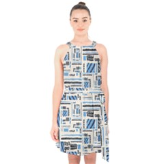 Ethnic Geometric Abstract Textured Art Halter Collar Waist Tie Chiffon Dress