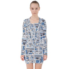 Ethnic Geometric Abstract Textured Art V-neck Bodycon Long Sleeve Dress by dflcprintsclothing