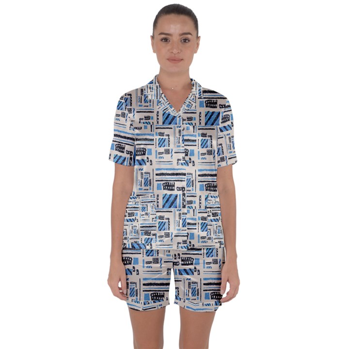 Ethnic Geometric Abstract Textured Art Satin Short Sleeve Pajamas Set