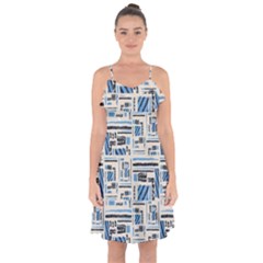 Ethnic Geometric Abstract Textured Art Ruffle Detail Chiffon Dress