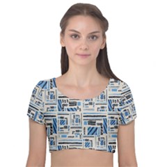 Ethnic Geometric Abstract Textured Art Velvet Short Sleeve Crop Top 