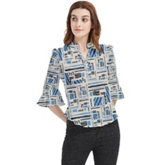 Ethnic Geometric Abstract Textured Art Loose Horn Sleeve Chiffon Blouse