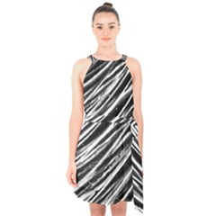 Galaxy Motion Black And White Print Halter Collar Waist Tie Chiffon Dress by dflcprintsclothing