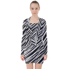 Galaxy Motion Black And White Print V-neck Bodycon Long Sleeve Dress by dflcprintsclothing