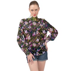 Apple Blossom  High Neck Long Sleeve Chiffon Top by SychEva