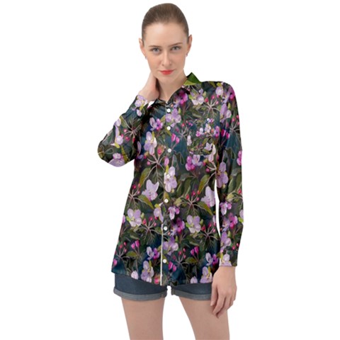 Apple Blossom  Long Sleeve Satin Shirt by SychEva