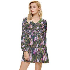 Apple Blossom  Tiered Long Sleeve Mini Dress by SychEva