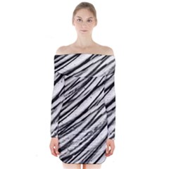 Galaxy Motion Black And White Print 2 Long Sleeve Off Shoulder Dress by dflcprintsclothing