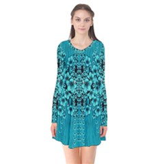 Blue Flowers So Decorative And In Perfect Harmony Long Sleeve V-neck Flare Dress by pepitasart