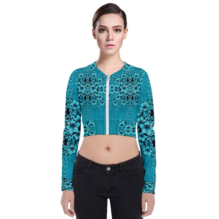 Blue Flowers So Decorative And In Perfect Harmony Long Sleeve Zip Up Bomber Jacket